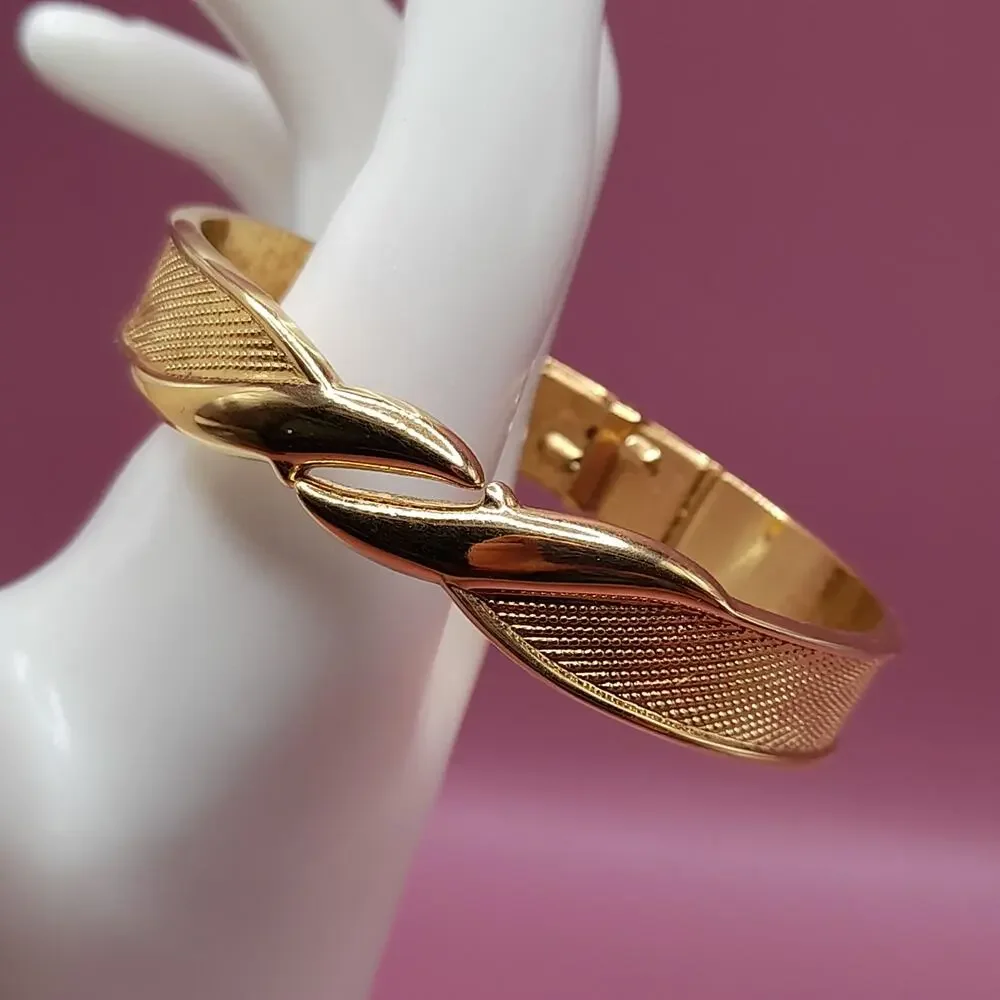 Vintage Monet Hinged Bracelet, Mesh Texture, Gold Tone, 1980s Jewelry